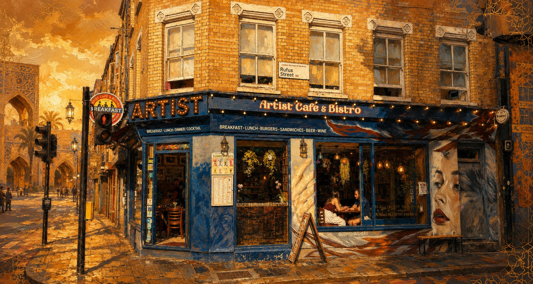 واجهة Artist Cafe London في شورديتش بأسلوب لوحة زيتية مع أجواء فنية دافئة