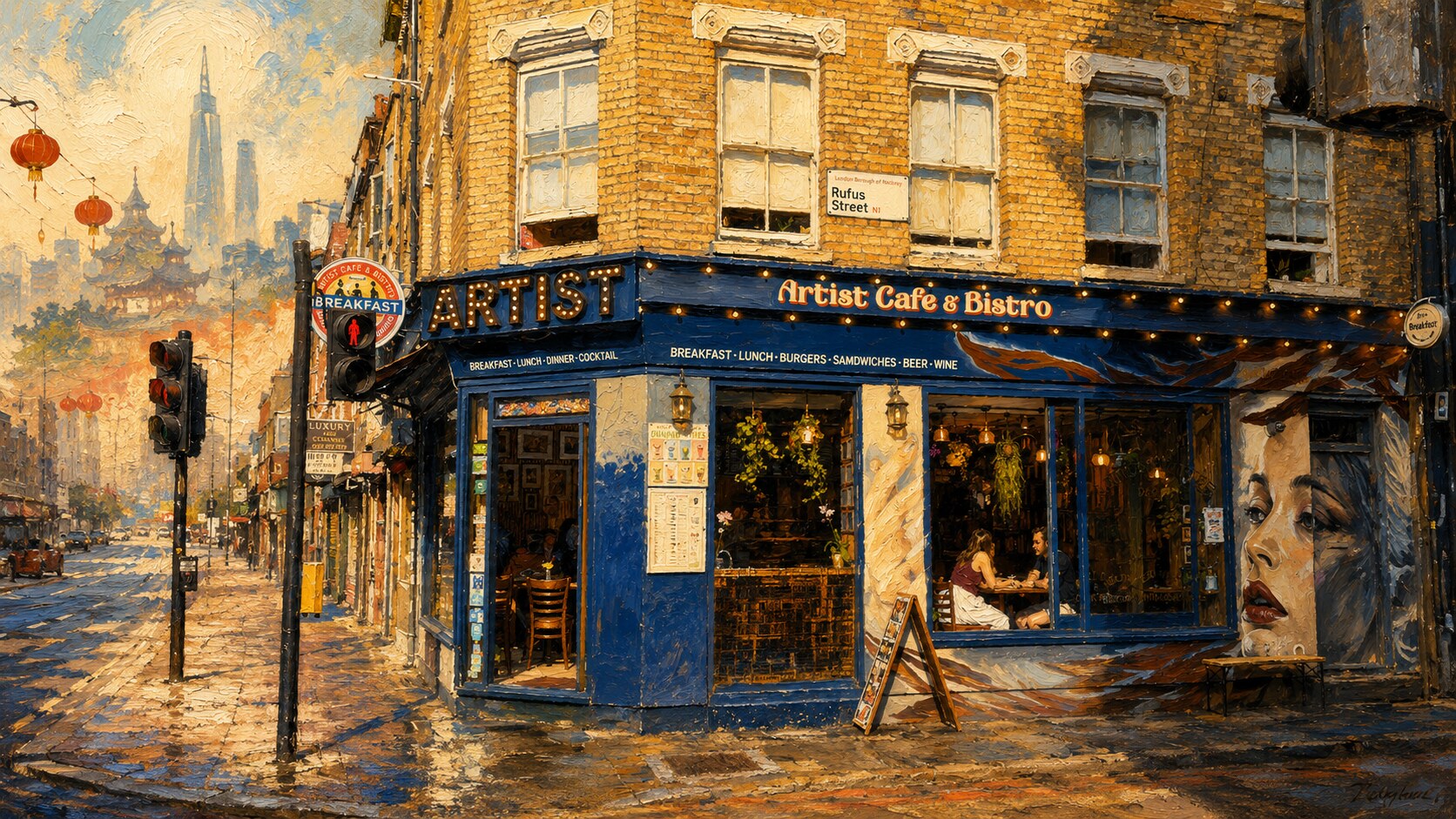 Artist Cafe London 在肖尔迪奇 Old Street 的外观油画，保留蓝色店面和墙面艺术