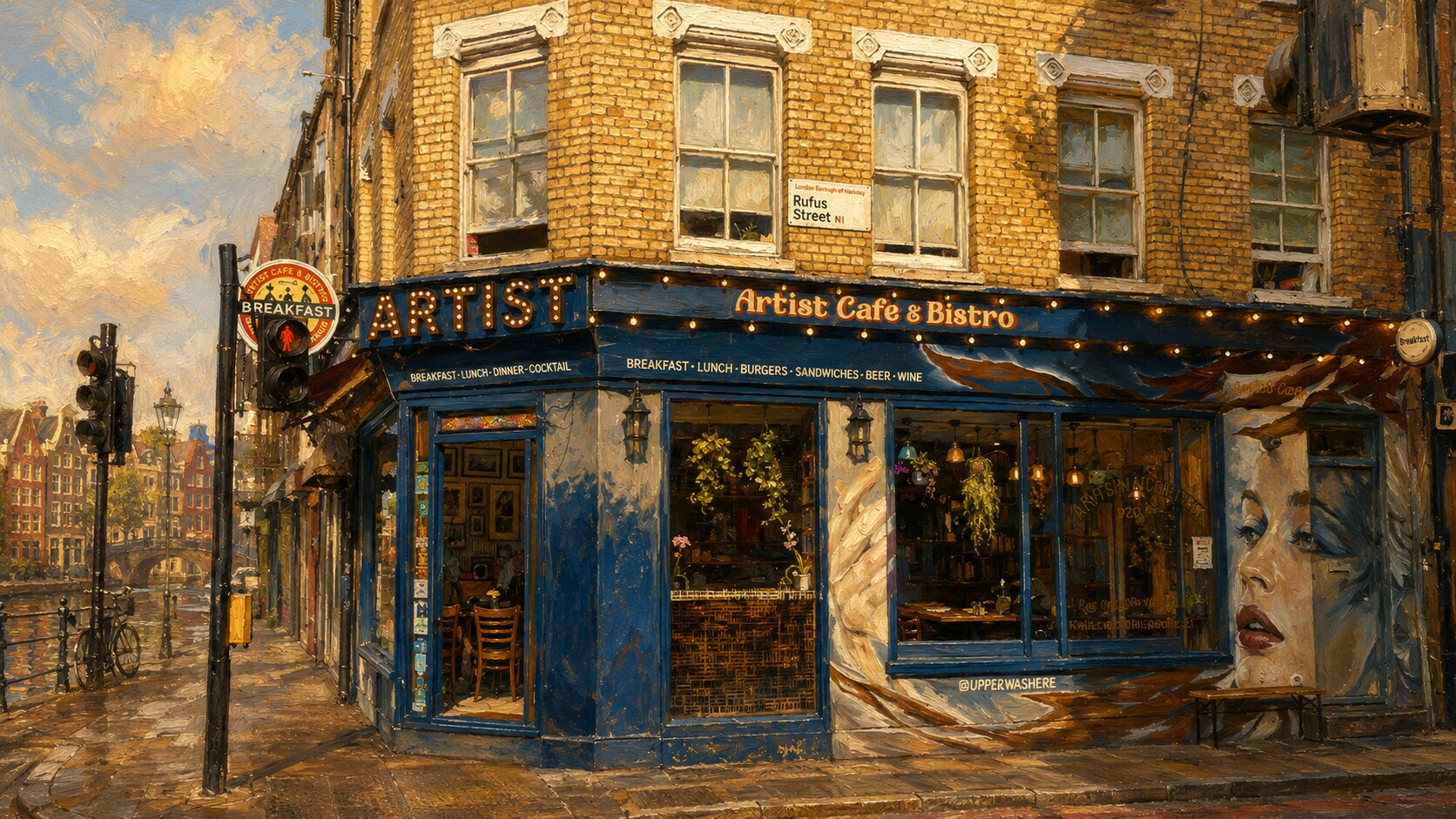 Artist Cafe London aan Old Street in Shoreditch, geschilderd in olieverfstijl voor de Nederlandse pagina