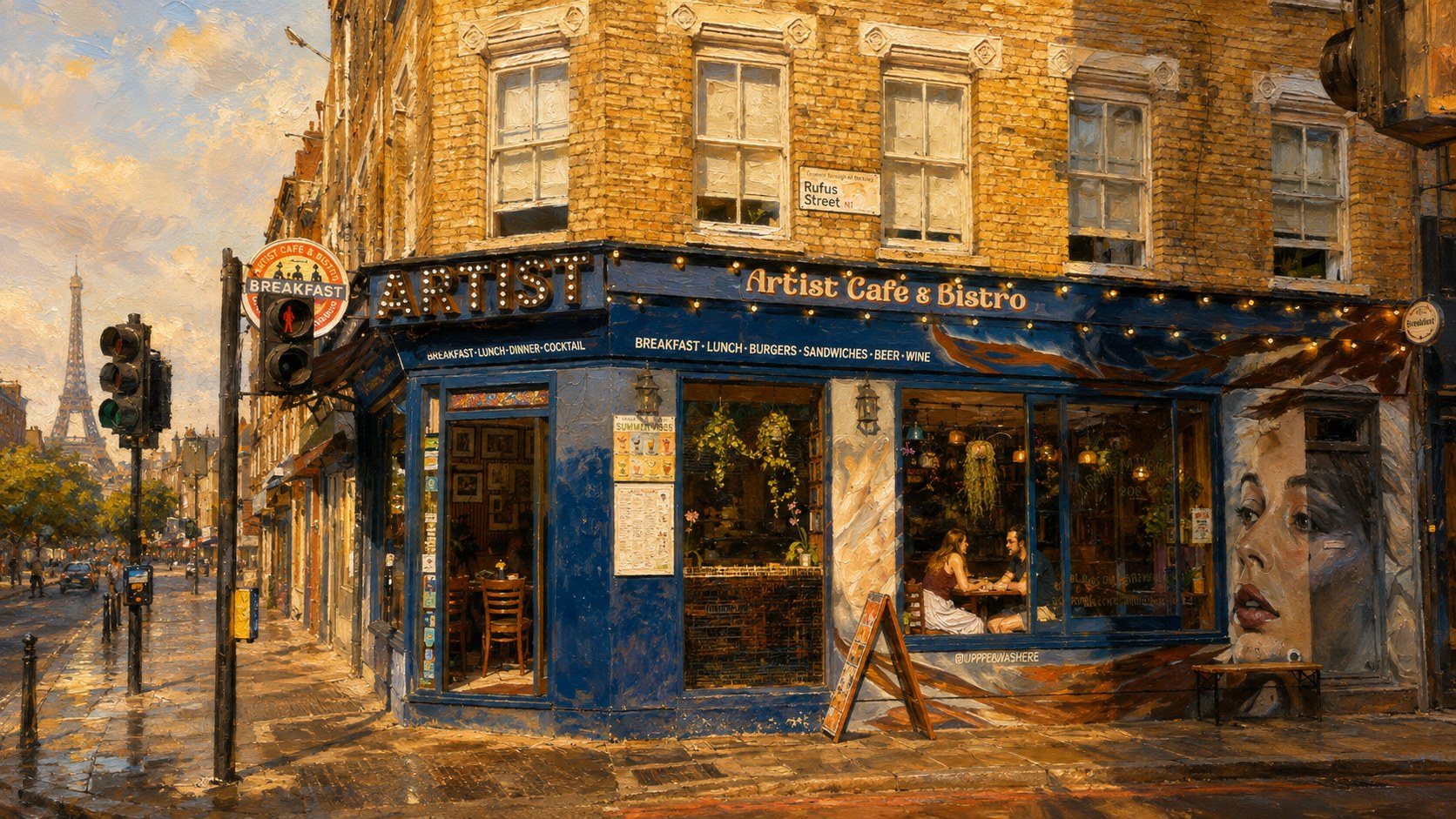 Façade d’Artist Cafe London à Shoreditch avec une touche parisienne, peinte à l’huile