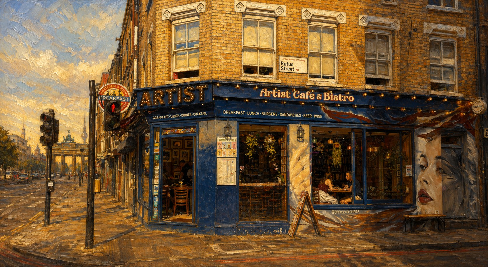 Artist Cafe London in Shoreditch nahe Old Street und Hoxton als künstlerische Außenansicht