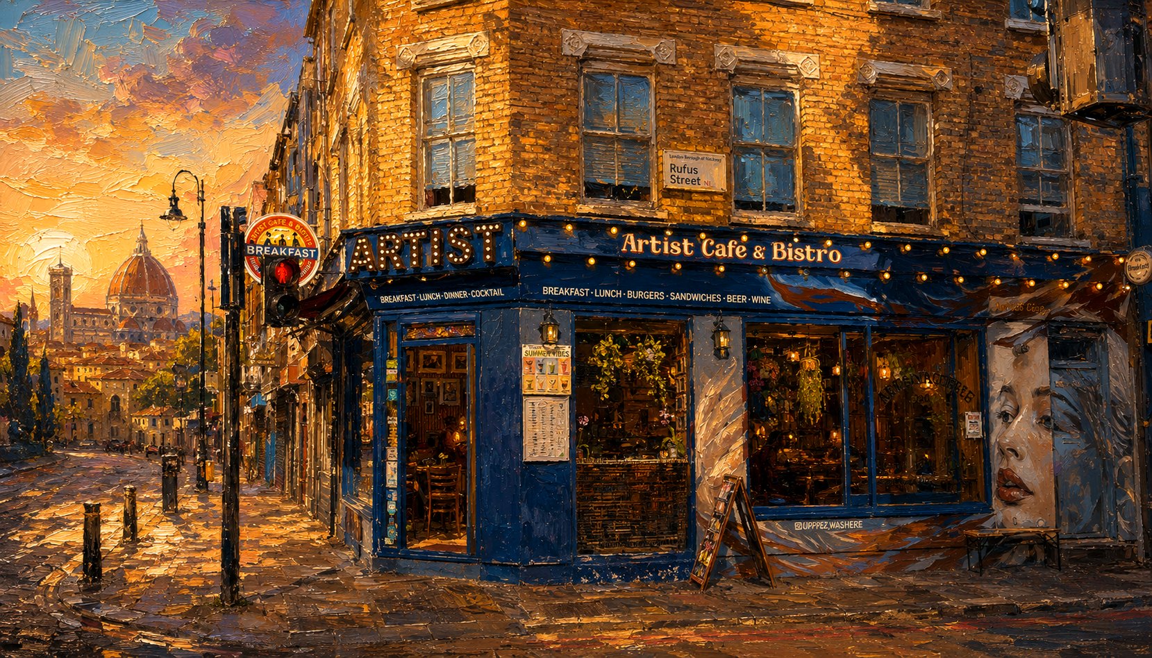 Artist Cafe London a Shoreditch in stile pittura a olio, con la facciata del caffè ben visibile