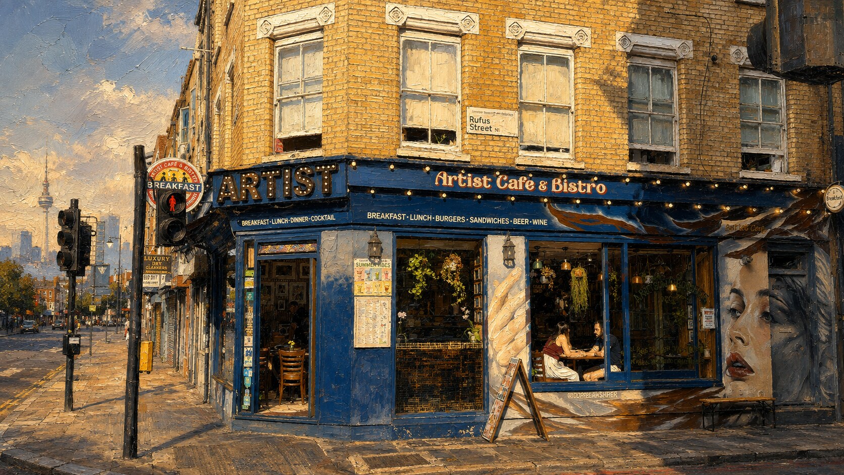 쇼디치 Old Street에 있는 Artist Cafe London 외관을 유화 스타일로 표현한 이미지