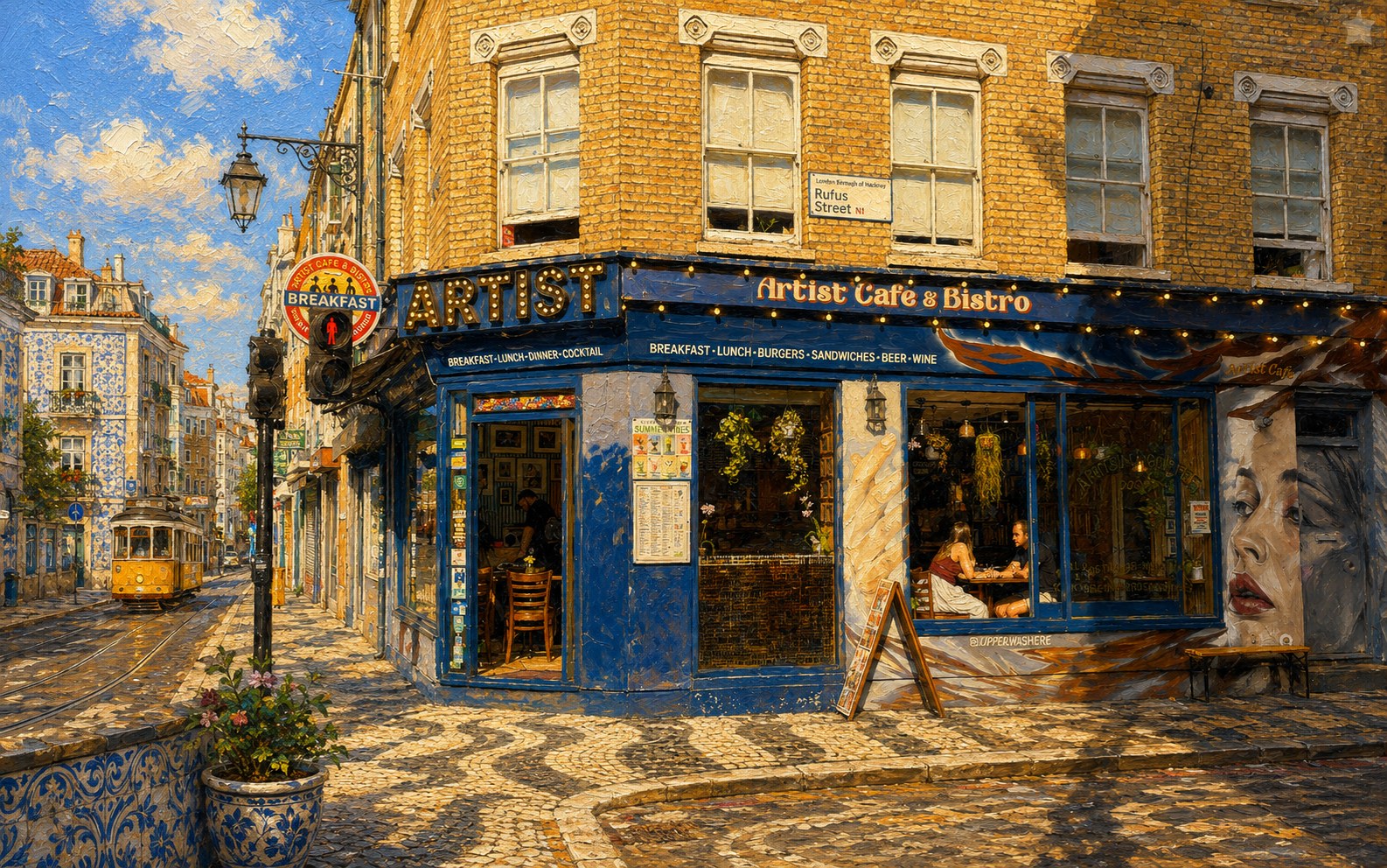 Artist Cafe London em Shoreditch em estilo de pintura a óleo, com a fachada do café visível