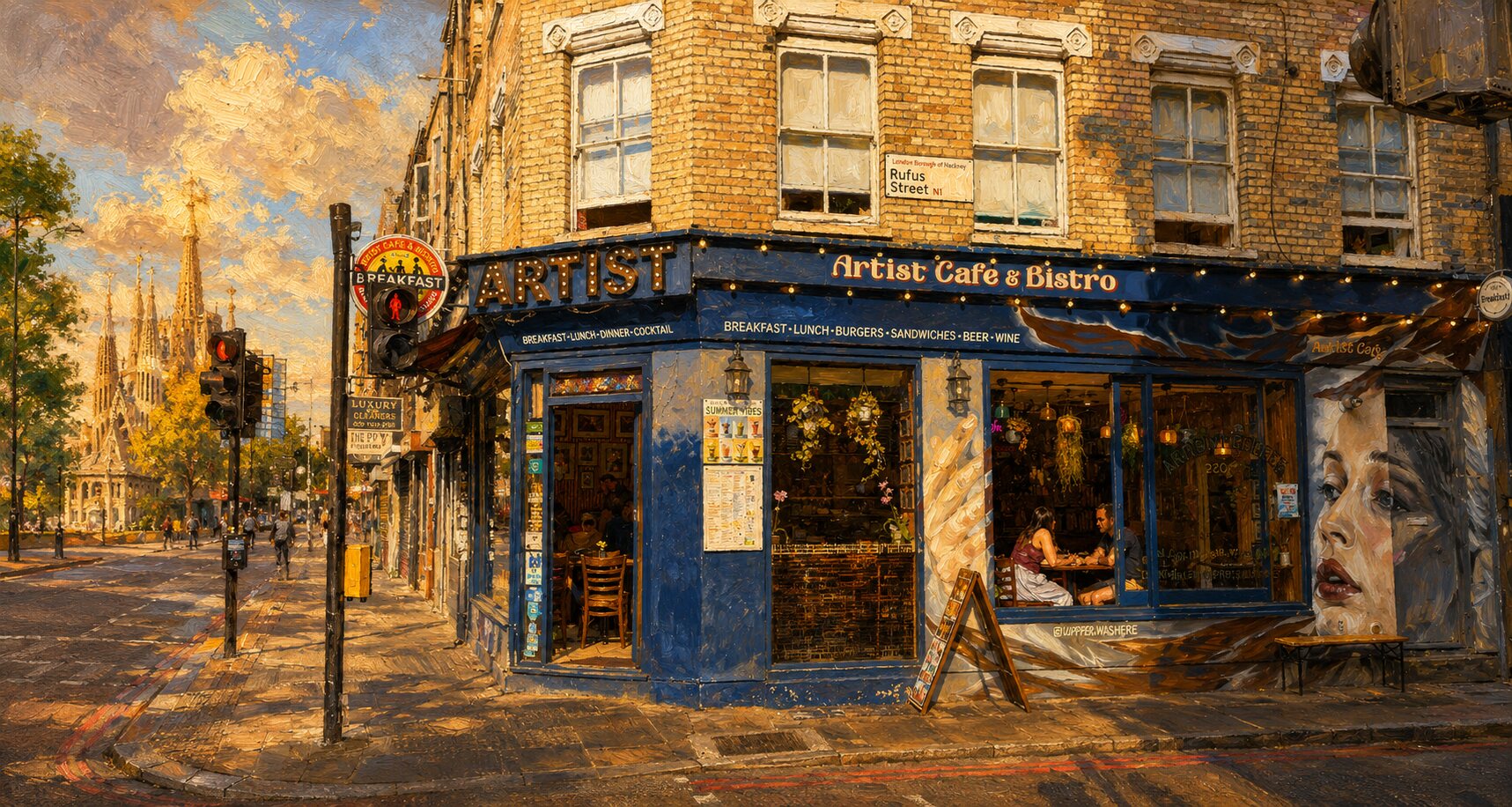 Fachada de Artist Cafe London en Shoreditch con estilo de pintura al óleo y ambiente español
