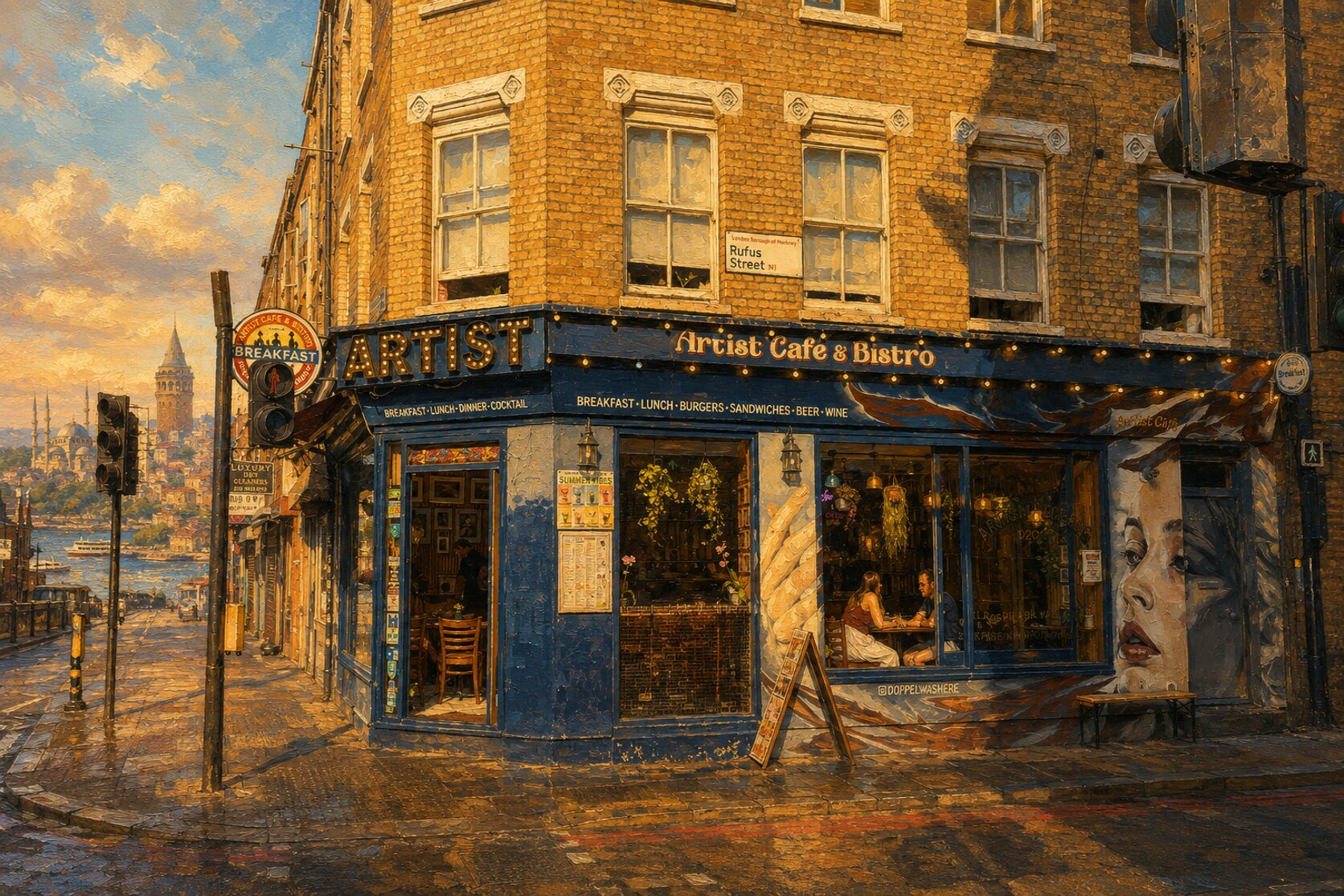 Shoreditch’te Artist Cafe London dış cephesi, Türkiye ve İstanbul hissi taşıyan yağlı boya görsel